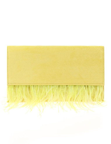 Cartera de manofiesta con plumas en solapa y cadena para hombro