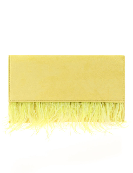 Cartera de manofiesta con plumas en solapa y cadena para hombro