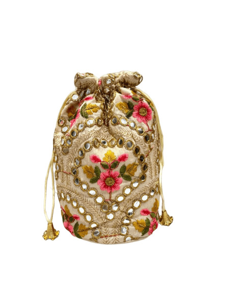 Bombonera bordada de fiesta floral con espejitos dorada