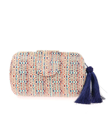 Bolso clutch de fiesta multicolor de rafia con borla morada