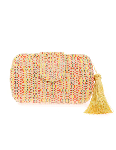 Bolso clutch de fiesta multicolor de rafia con borla morada