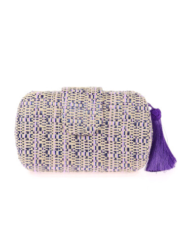 Bolso clutch de fiesta multicolor de rafia con borla morada