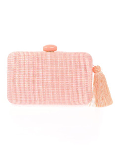 Clutch de fiesta de rafia con borla y cierre de piedra melocoton