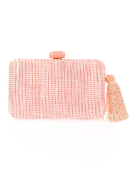 Clutch de fiesta de rafia con borla y cierre de piedra melocoton