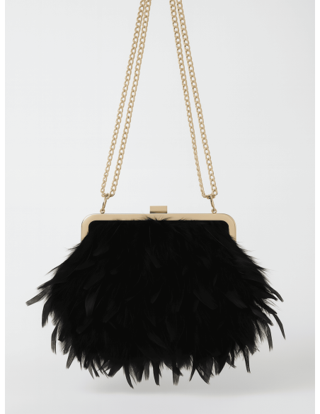Bolso de plumas negro con cadena dorada para invitadas | CI