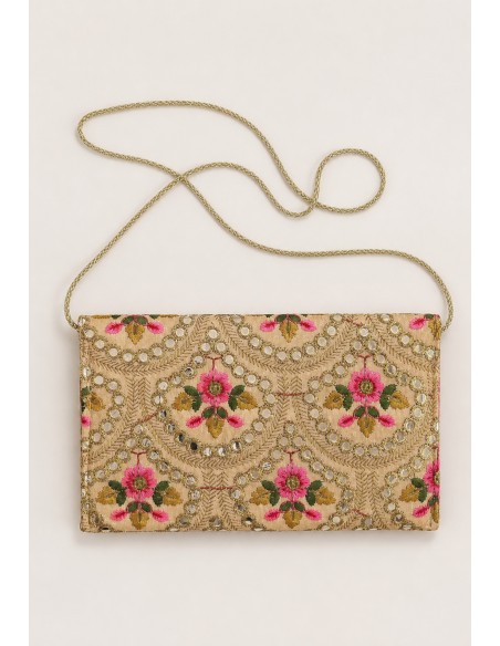 Clutch beige bordado floral con espejos | Invitada