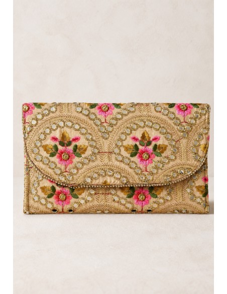 Clutch beige bordado floral con espejos | Invitada