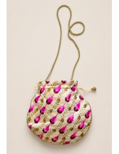 Bombonera crema redonda bordada en rosa y dorado | Invitada