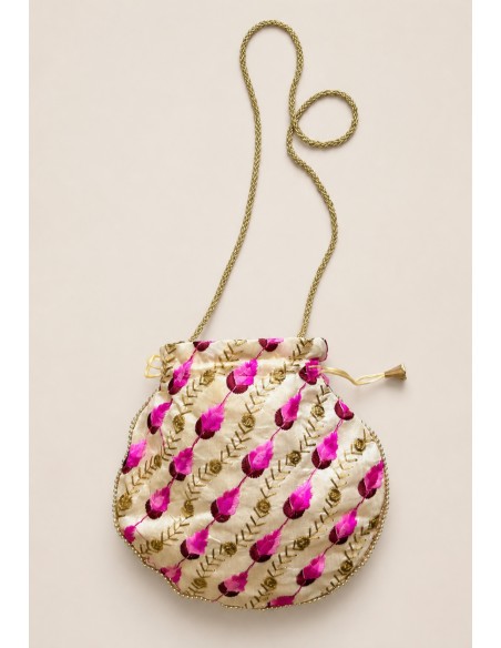 Bombonera crema redonda bordada en rosa y dorado | Invitada