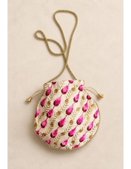 Bombonera crema redonda bordada en rosa y dorado | Invitada