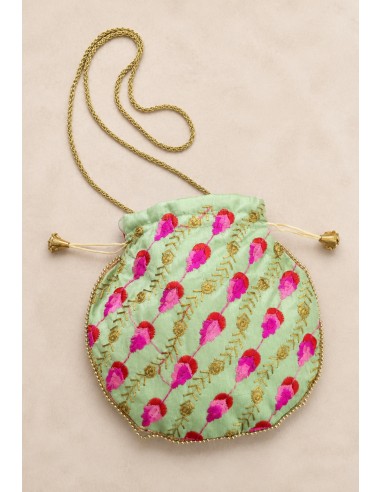 Bombonera verde menta redonda bordada en rosa y dorado | Invitada