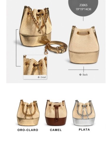Bolso de fiesta bombonera de rafia con base polipiel metalizada - camel - foto 2