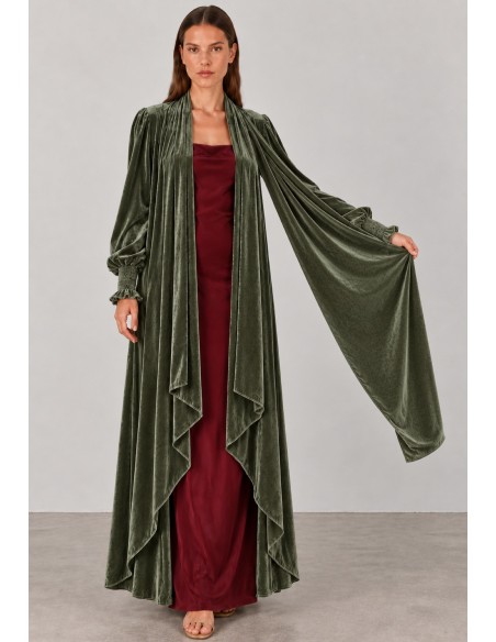 Abrigo kimono de terciopelo verde oliva para invitada | Complementos Invitada