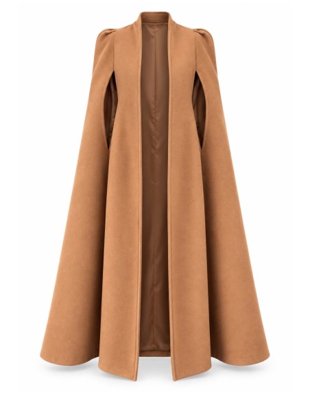 Abrigo capa largo camel de paño para invitada